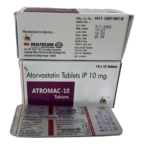 Product Name: ATROMAC 10 Tablets , Compositions of Atorvastatin Tablets IP 10 mg are Atorvastatin Tablets IP 10 mg - MK Healthcare