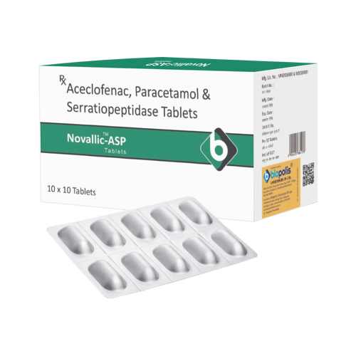 Product Name: NOVALLIC ASP, Compositions of NOVALLIC ASP are Aceclofenac & Paracetamol & Serratiopeptidase Tablets - Biopolis Lifesciences Private Limited