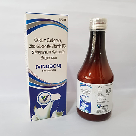 Product Name: VINDBON, Compositions of VINDBON are Calcium Carbonate, Zinc Gluconate, Vitamin D3 & Magnesium Hydroxide Suspension - Vindcare Lifesciences