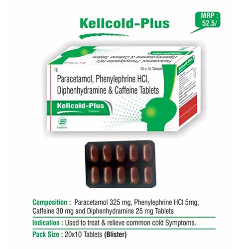 Product Name: Kellcold Plus, Compositions of Kellcold Plus are Paracetamol, Phenylphrine HCl, Diphenylphrine & Caffeine Tablets - Euphoria India Pharmaceuticals