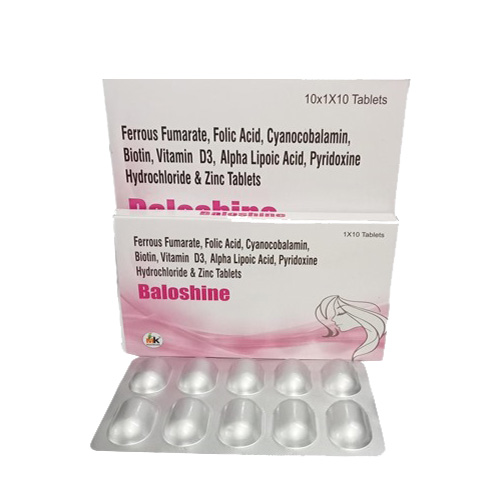 Product Name: Baloshine, Compositions of Ferrous Fumarate, Folic Acid, Cyanocobalamin, Biotin, Vitamin D3, Alpha Lipoic Acid, Pyridoxine Hydrochloride & Zinc Tablets are Ferrous Fumarate, Folic Acid, Cyanocobalamin, Biotin, Vitamin D3, Alpha Lipoic Acid, Pyridoxine Hydrochloride & Zinc Tablets - MK Healthcare