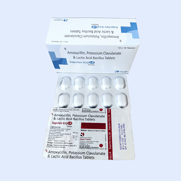 Product Name:  Sapclav 625LB, Compositions of  Sapclav 625LB are Amoxycillin, Potassium Clavulanate & Lactic Acid Bacillus Tablets - Sapson Pharma