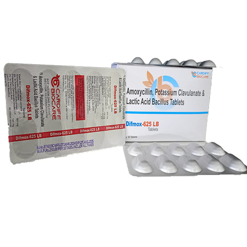 Product Name:  Difmox 625 LB, Compositions of  Difmox 625 LB are Amoxycillin, Potassium Clavulanate & Lactic Acid Bacillus Tablets - Cardiff Biocare