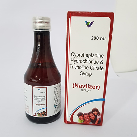 Product Name: NAVTIZER, Compositions of NAVTIZER are Cyproheptadine Hydrochloride & Tricholine Citrate Syrup - Vindcare Lifesciences