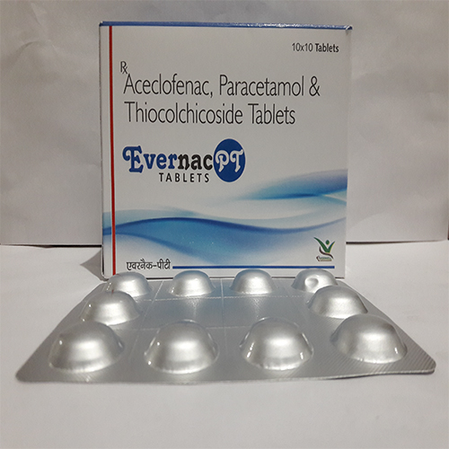 Product Name: Evernaco PT, Compositions of Evernaco PT are Aceclofenac, Paracetamol & Thiocolchicoside Tablets  - Orange Biotech Private Limited