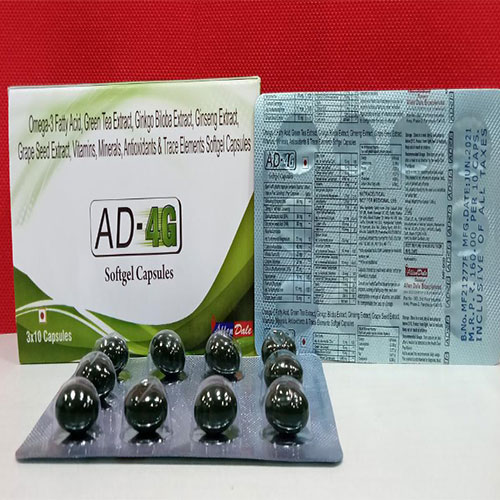 Product Name: AD 4G, Compositions of AD 4G are Omega 3 Fatty, Green Tea Extract , Grape Seed Extract, Vitamins - Allen Dale Biosciences