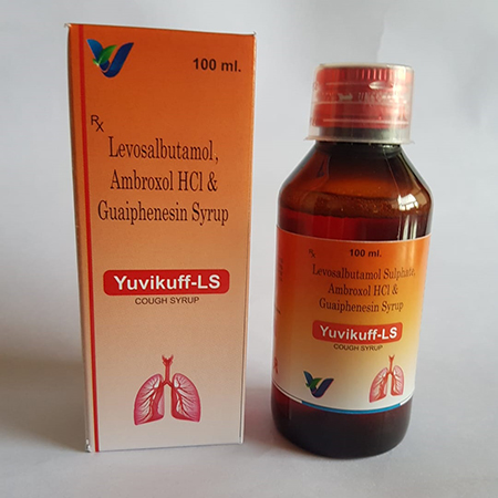 Product Name: YUVIKUFF LS, Compositions of YUVIKUFF LS are Levosalbutamol, Ambroxol HCL & Guaiphenesim Syrup - Vindcare Lifesciences