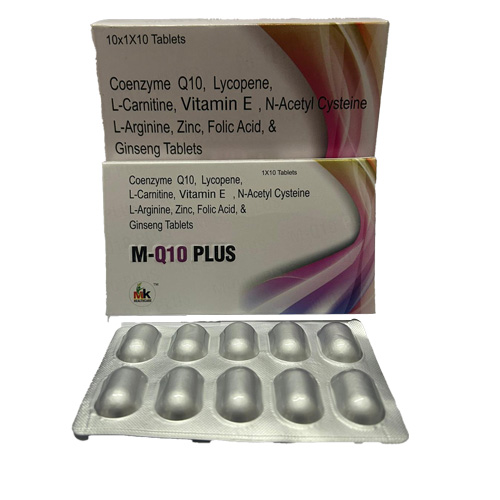 Product Name: M Q10 PLUS, Compositions of M Q10 PLUS are Coenzyme Q10, Lycopene, L-Carnitine, Vitamin E, N-Acetyl Cysteine L-Arginine, Zinc, Folic Acid, & Ginseng Tablets - MK Healthcare