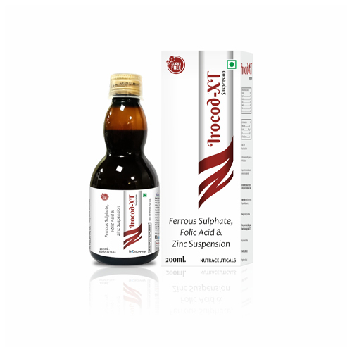 Product Name: Irocod XT, Compositions of Irocod XT are Ferrous Sulphate, Folic Acid & Zinc Suspension - Biodiscovery Lifesciences Private Limited