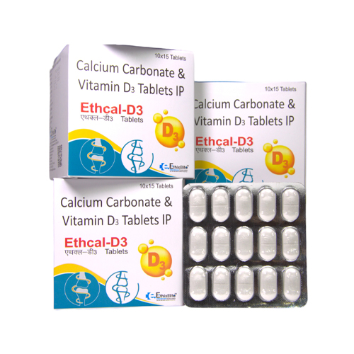 Product Name: ETHCAL D3, Compositions of ETHCAL D3 are Calcium Carbonate & Vitamin D3 Tablets IP - EthixElite Lifesciences Private Limited