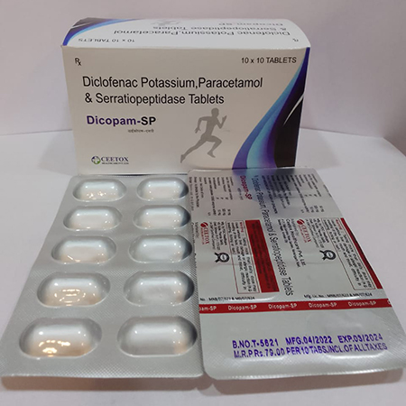 Product Name: Dicopam SP, Compositions of Dicopam SP are Diclofenac Potassium Paracetamol & Serratiopeptiside Tablets - Ceetox HealthCare Private Limited