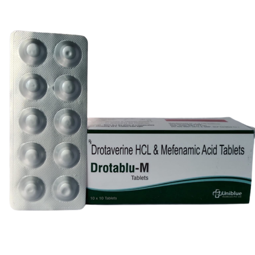 Product Name: Drotablu M, Compositions of Drotablu M are Drotaverine HCL & Mefenamic Acid Tablets - Uniblue Healthcare Private Limited