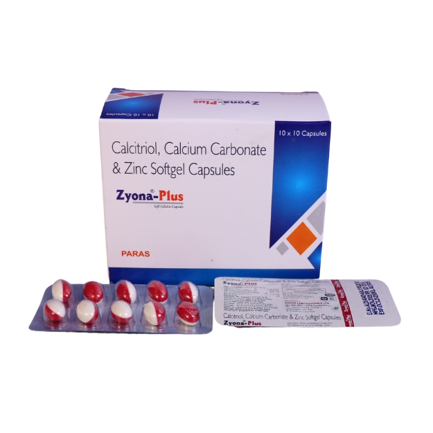 Product Name: ZYONA PLUS , Compositions of EACH SOFT GELATIN CAPSULE CONTAINS (APPROX).  CALCITRIOL   I.P  0.25 MCG CALCIUM CARBONATE  I.P 500 MG (EQ. TO ELEMENTAL CALCIUM 200MG) ZINC  I.P 7.5 MG   (AS ZINC SULPHATE MONOHYDRATE IP) are EACH SOFT GELATIN CAPSULE CONTAINS (APPROX).  CALCITRIOL   I.P  0.25 MCG CALCIUM CARBONATE  I.P 500 MG (EQ. TO ELEMENTAL CALCIUM 200MG) ZINC  I.P 7.5 MG   (AS ZINC SULPHATE MONOHYDRATE IP) - Paras Laboratories Ltd