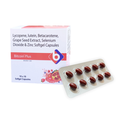 Product Name: BITCOIN PLUS, Compositions of Lycopene, Lutein, Betacarotene, Grape Seed Extract, Selenium Dioxide & Zinc Softgel Capsules are Lycopene, Lutein, Betacarotene, Grape Seed Extract, Selenium Dioxide & Zinc Softgel Capsules - Biopolis Lifesciences Private Limited