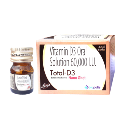 Product Name: TOTAL D3, Compositions of TOTAL D3 are Vitamin D3 Oral Solution 60,000 I.U. - Biopolis Lifesciences Private Limited