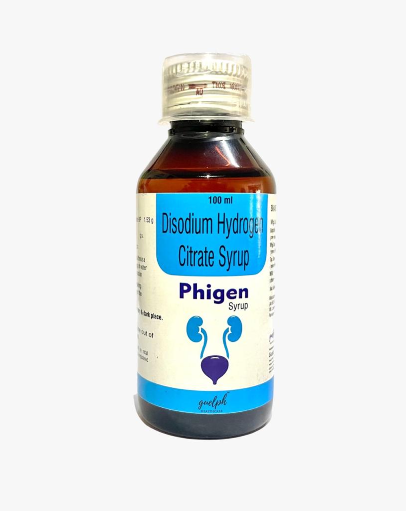 Product Name: PHIGEN Disodium Hydrogen Citrate Syrup 100ml, Compositions of Disodium Hydrogen Citrate BP 1.38gm are Disodium Hydrogen Citrate BP 1.38gm - Guelph Healthcare Pvt. Ltd