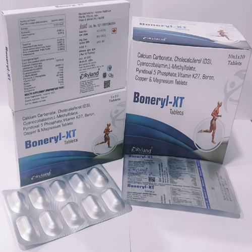 Product Name: Boneryl xt, Compositions of Boneryl xt are Calcium Carbonate, Cholecalciferol (d3). Cyanocobatamin-l-Methyffotate,Pyridoxal 5 Phosphate, Vitamin K27, Boron Copper & Magnesium Tablets                                                                               - Ryland Health Care