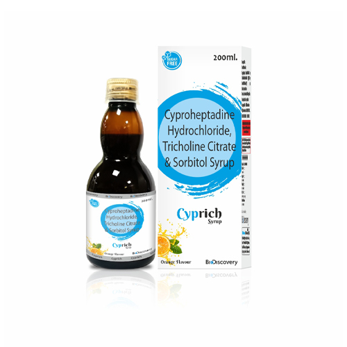 Product Name: Cyprich, Compositions of Cyprich are Cyproheptadine Hydrochloride, Tricholine Citrate & Sorbitol Syrup - Biodiscovery Lifesciences Private Limited