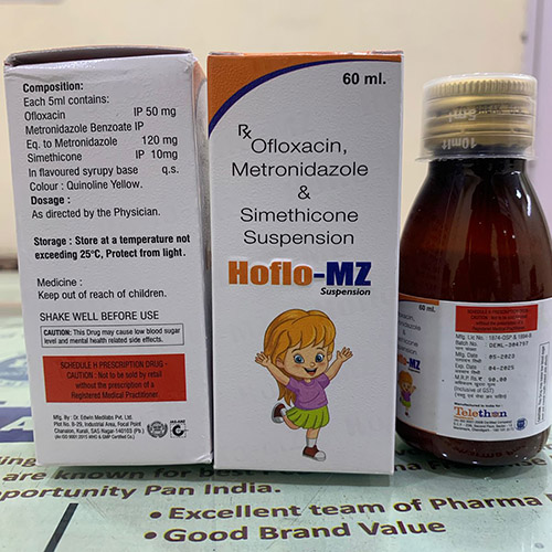 Product Name: Hoflo MZ, Compositions of Hoflo MZ are Ofloxacin, Metronidazole & Simethicone Suspension - Telethon Healthcare