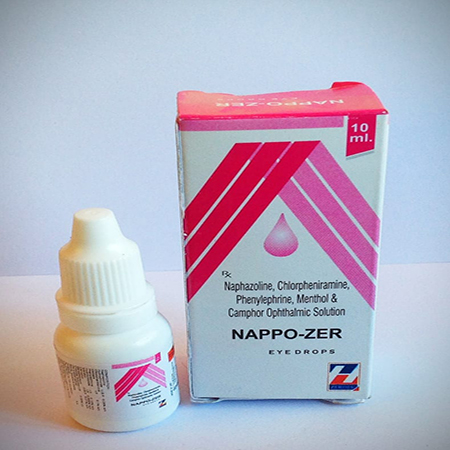 Product Name: Nappo Zer, Compositions of Naphazoline chlorpheriramine ,phenylephrine ,menthol ,camphor  opthalmic solution  are Naphazoline chlorpheriramine ,phenylephrine ,menthol ,camphor  opthalmic solution  - Zerdia Healthcare Pvt Ltd