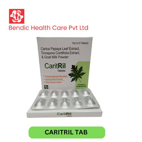 Product Name: CARITRIL, Compositions of CARITRIL are Carica Papaya Leaf Extract, Tinospora Cordifolia Extract, & Goat Milk Powder - Bendic Healthcare Private Limited