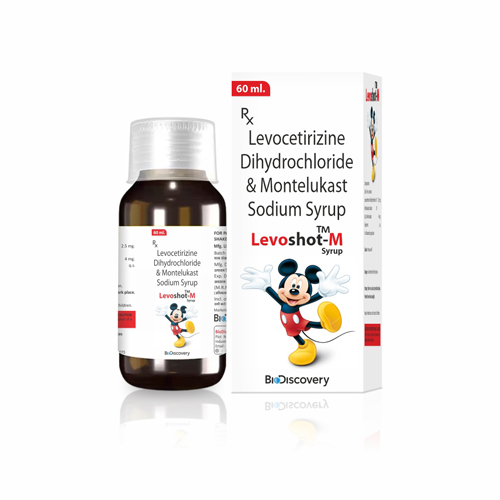 Product Name: Levoshot M, Compositions of Levoshot M are Levocetirizine Dihydrochloride & Montelukast Sodium Syrup - Biodiscovery Lifesciences Private Limited