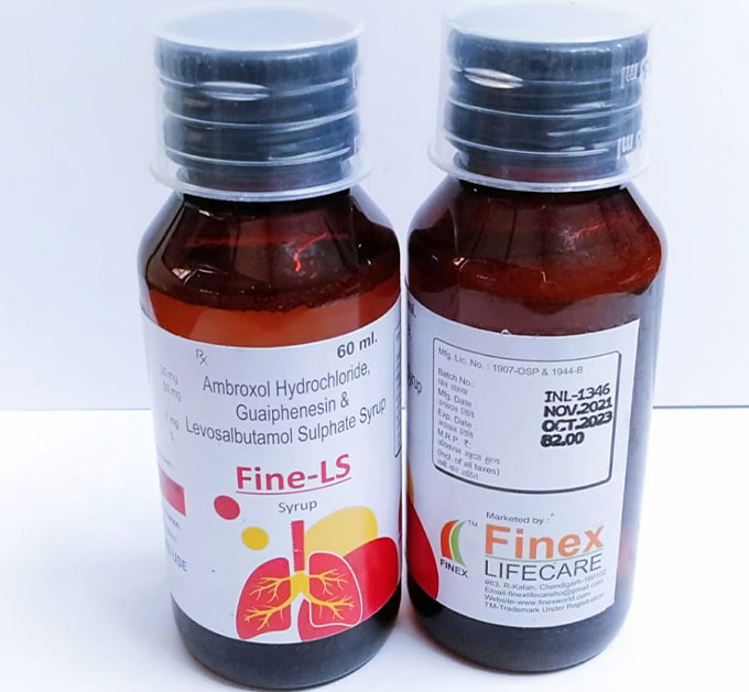 Product Name: Fine LS, Compositions of Fine LS are Ambroxol Hydrochloride Guaiphenesin & Levosalbutamol Sulphate - Finex Lifecare Private Limited