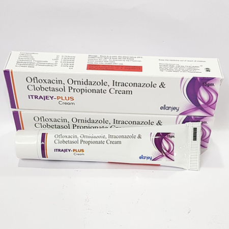 Product Name: Itrajey Plus, Compositions of Itrajey Plus are Ofloxacin, Ornidazole, Itraconazole & Clobetasol Propionate Cream - Ellanjey Lifesciences