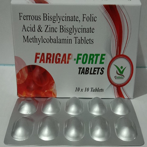 Product Name: FARIGAP FORTE , Compositions of FARIGAP FORTE  are Ferrous Bisglycinate, Folic Acid & Zinc Bisglycinate Methylcobalamin Tablets  - Everwell Pharma Private Limited