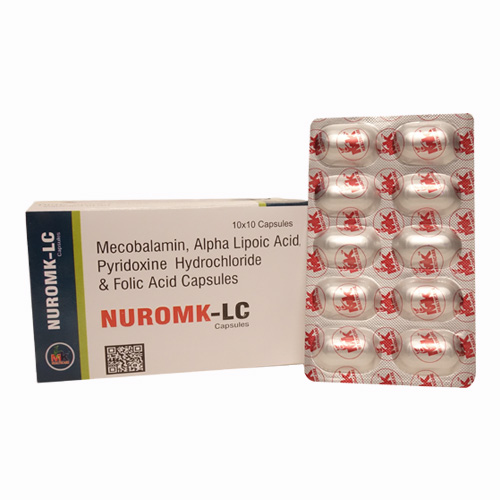 Product Name: NUROMK LC Capsules, Compositions of Mecobalamin, Alpha Lipoic Acid Pyridoxine Hydrochloride & Folic Acid Capsules are Mecobalamin, Alpha Lipoic Acid Pyridoxine Hydrochloride & Folic Acid Capsules - MK Healthcare