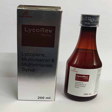 Product Name: Lycorev, Compositions of Lycorev are Lycopene, Multivitamin, Multimineral, Antioxidants & Zinc Syrup - Aarvi Drugs