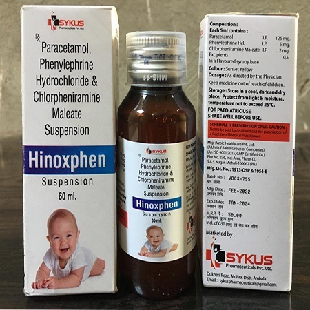 Product Name: Hinoxphen, Compositions of Hinoxphen are Paracetamol, Phenylephrine Hydrochloride and Chlorpheniramine Maleate Suspenion - Sykus Pharmaceuticals Private Limited