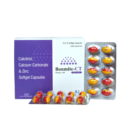 Product Name: Bonmite CT, Compositions of Bonmite CT are Calcitriol, Calcium Carbonate & Zinc Softgel Capsules - Hikona Lifesciences