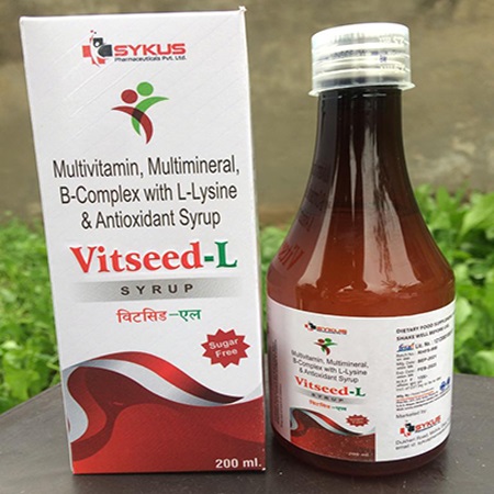 Product Name: Vitseed L, Compositions of Multivitamin, Multimineral, B-Complex with L-Lysine and Antioxidant Syrup are Multivitamin, Multimineral, B-Complex with L-Lysine and Antioxidant Syrup - Sykus Pharmaceuticals Private Limited