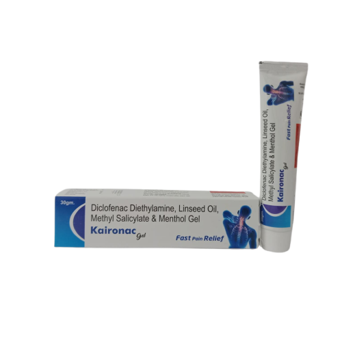 Product Name: Kaironac gel, Compositions of Kaironac gel are Diclofenac Diethylamine, Linseed Oil, Methyl Salicylate & Menthol Gel - Uniblue Healthcare Private Limited