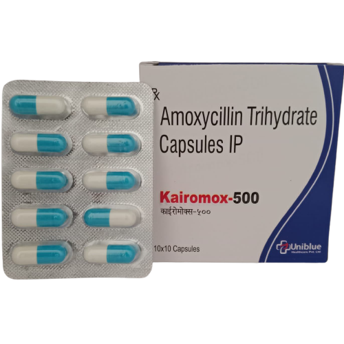 Product Name: Kairomox 500, Compositions of Kairomox 500 are Amoxycillin Trihydrate Capsules IP - Uniblue Healthcare Private Limited