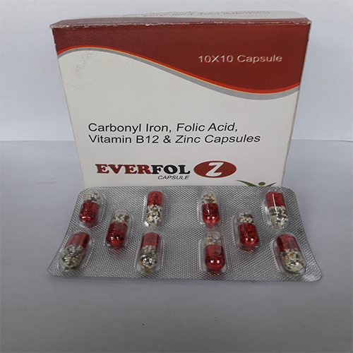 Product Name: EVERFOLZ , Compositions of EVERFOLZ  are Carbonyl Iron, Folic Acid, Vitamin B12 & Zinc Capsules  - Orange Biotech Private Limited