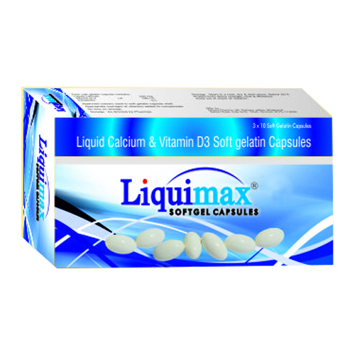 Product Name: Liquimax, Compositions of Liquimax are Liquid Calcium & Vitamin D3 Softgel Capsules - Epsilon Biotech