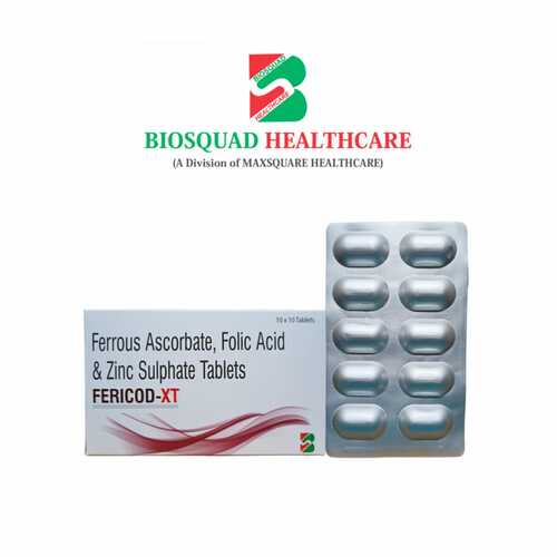 Product Name: FERICOD XT, Compositions of Ferrous Fumarate, Folic Acid & Zinc Sulphate Tablets are Ferrous Fumarate, Folic Acid & Zinc Sulphate Tablets - Biosquad Healthcare