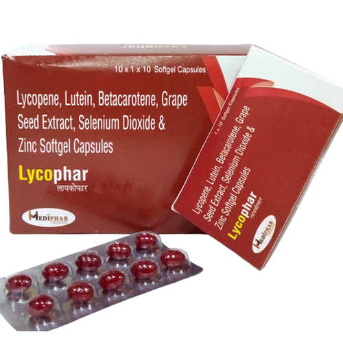 Product Name: Lycophar, Compositions of Lycopene,Lutein,Betacarotene,Grape Seed Extract, Selenium Dioxide and Zinc Softgel Capsules are Lycopene,Lutein,Betacarotene,Grape Seed Extract, Selenium Dioxide and Zinc Softgel Capsules - Mediphar Lifesciences Private Limited