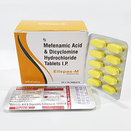 Product Name: Ellspas M, Compositions of Ellspas M are Mefenamic Acid & Dicyclomine HCL Tablets IP - Ellanjey Lifesciences