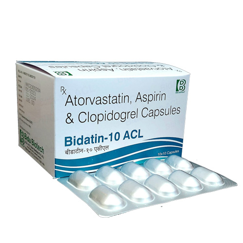 Product Name: Bidatin 10 ACL, Compositions of Bidatin 10 ACL are Atorvastatin, Aspirin & Clopidogrel Capsules - Bidu Biotech