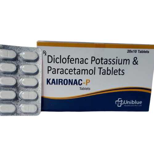 Product Name: KAIRONAC P, Compositions of KAIRONAC P are Diclofenac Potassium & Paracetamol Tablets - Uniblue Healthcare Private Limited