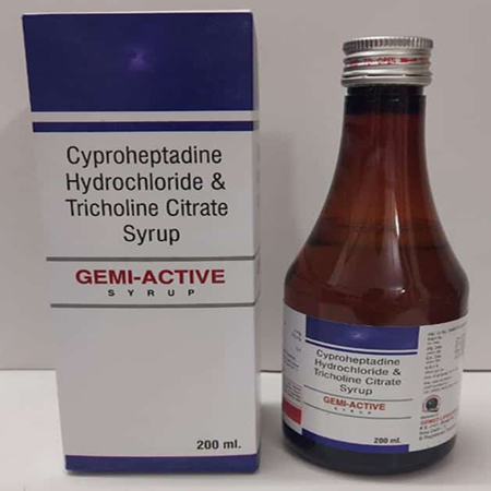 Product Name: GEMIACTIVE, Compositions of GEMIACTIVE are Cyproheptadine Hydrochloride & Tricholine Citrate Syrup - Gemed Lifesciences Pvt. Ltd