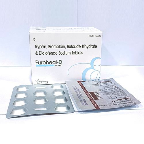 Product Name: Furoheal D, Compositions of Furoheal D are Trypsin, Bromelain, Rutoside Trihydrate and Diclofenac Sodium Tablets - Euphony Healthcare