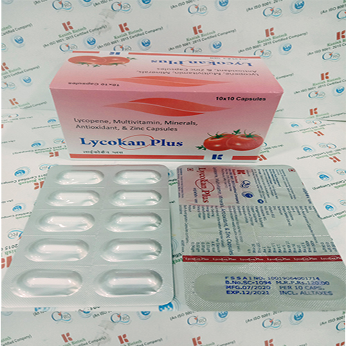 Product Name: Lycokan Plus, Compositions of Lycokan Plus are Lycopene,Multivitamin,Minerals,Antioxidant & Zinc Capsules - Kanish Biotech