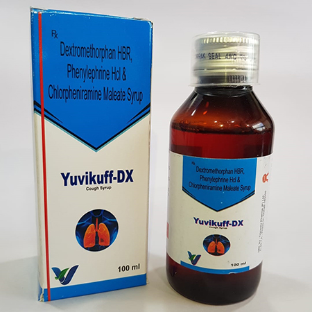 Product Name: YUVIKUFF DX, Compositions of YUVIKUFF DX are Dectomethorphan HBR Phenylephrine HCL & Chlorpheniramine Maleate Syrup - Vindcare Lifesciences