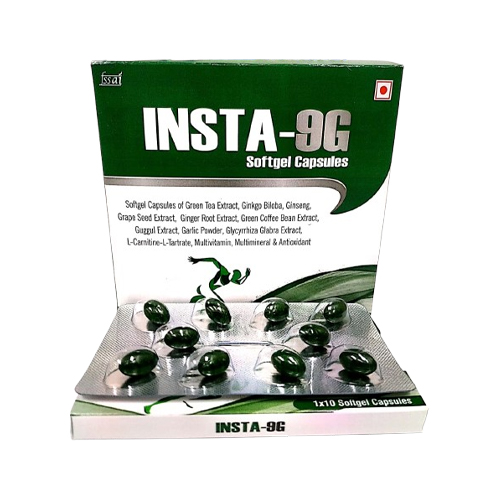 Product Name: INSTA 9G, Compositions of INSTA 9G are Softgel Capsules of Green Tea Extract, Ginkgo Biloba, Ginseng, Grape Seed Extract, Ginger Root Extract, Green Coffee Bean Extract, Guggul Extract, Garlic Powder, Glycyrrhiza Glabra Extract, L-Carnitine-L-Tartrate, Multivitami - Insta Care Lifesciences