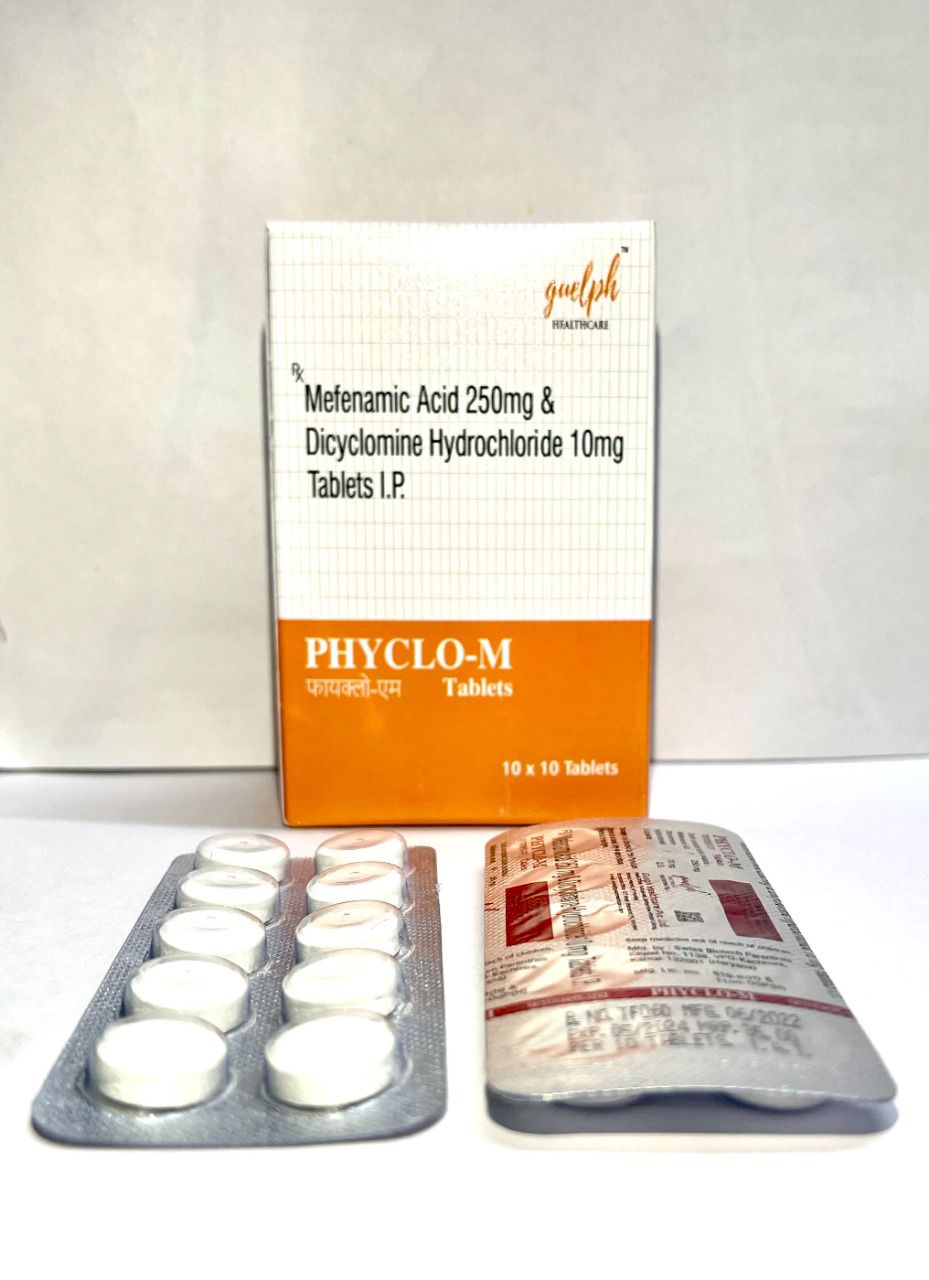 Product Name: PHYCLO M Tablets 10×10 Pack, Compositions of PHYCLO M Tablets 10×10 Pack are Mefenamic Acid 250mg + Dicyclomine 10mg  - Guelph Healthcare Pvt. Ltd