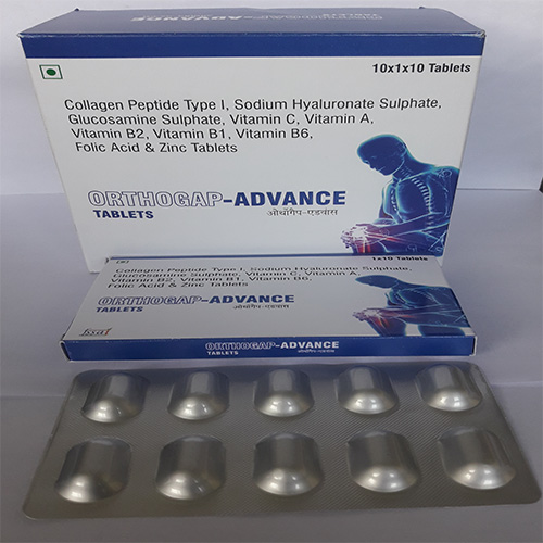 Product Name: ORTHOGAP ADVANCE , Compositions of ORTHOGAP ADVANCE  are Collagen Peptide Type I, Sodium Hyaluronate Sulphate, Glucosamine Sulphate, Vitamin C, Vitamin A. Vitamin B2, Vitamin B1, Vitamin B6, Folic Acid & Zinc Tablets  - Everwell Pharma Private Limited